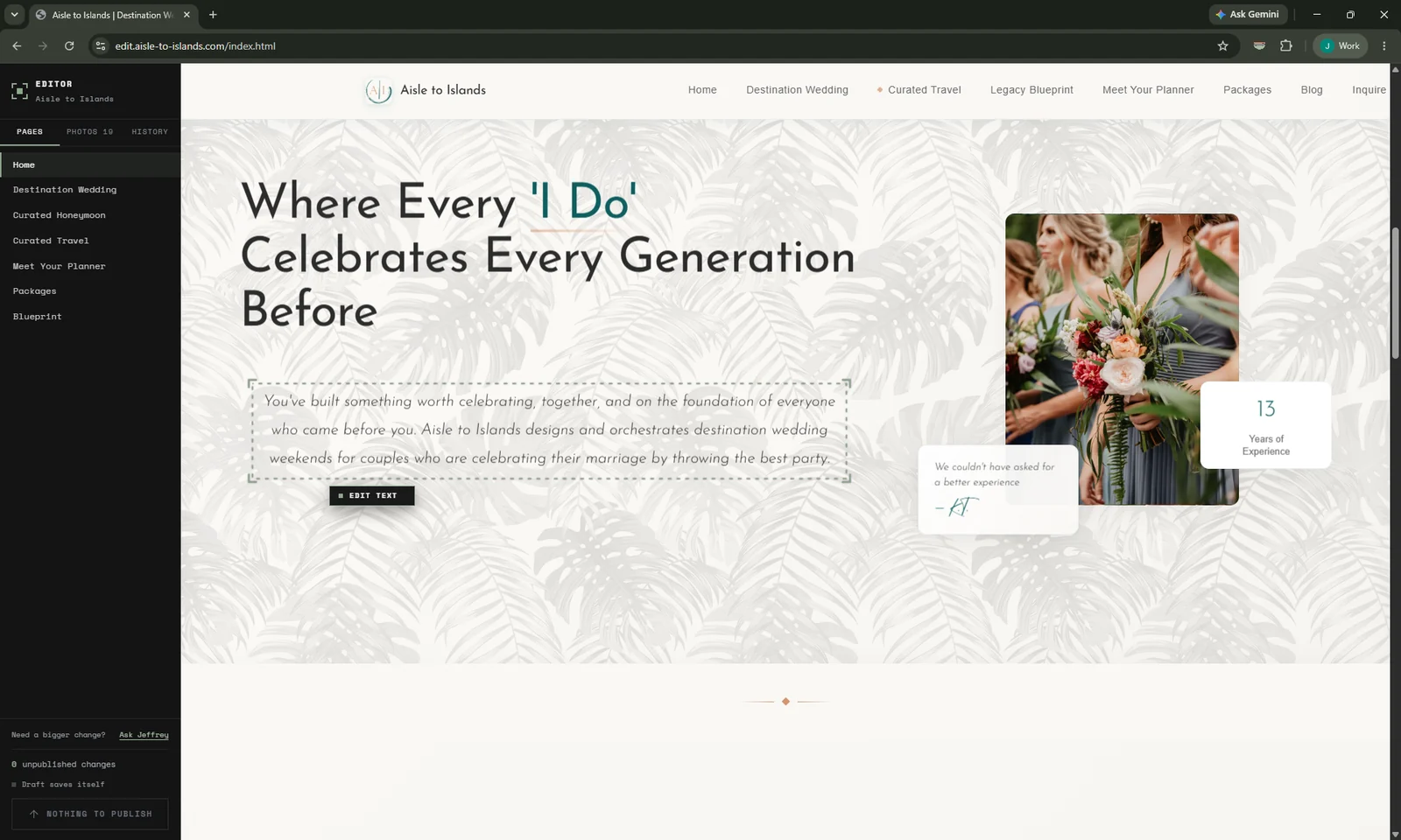 The Editor panel on the left of the browser lists the site's pages. On the right, the live Aisle to Islands home page has a paragraph outlined with a dashed border and an Edit Text button beneath it.