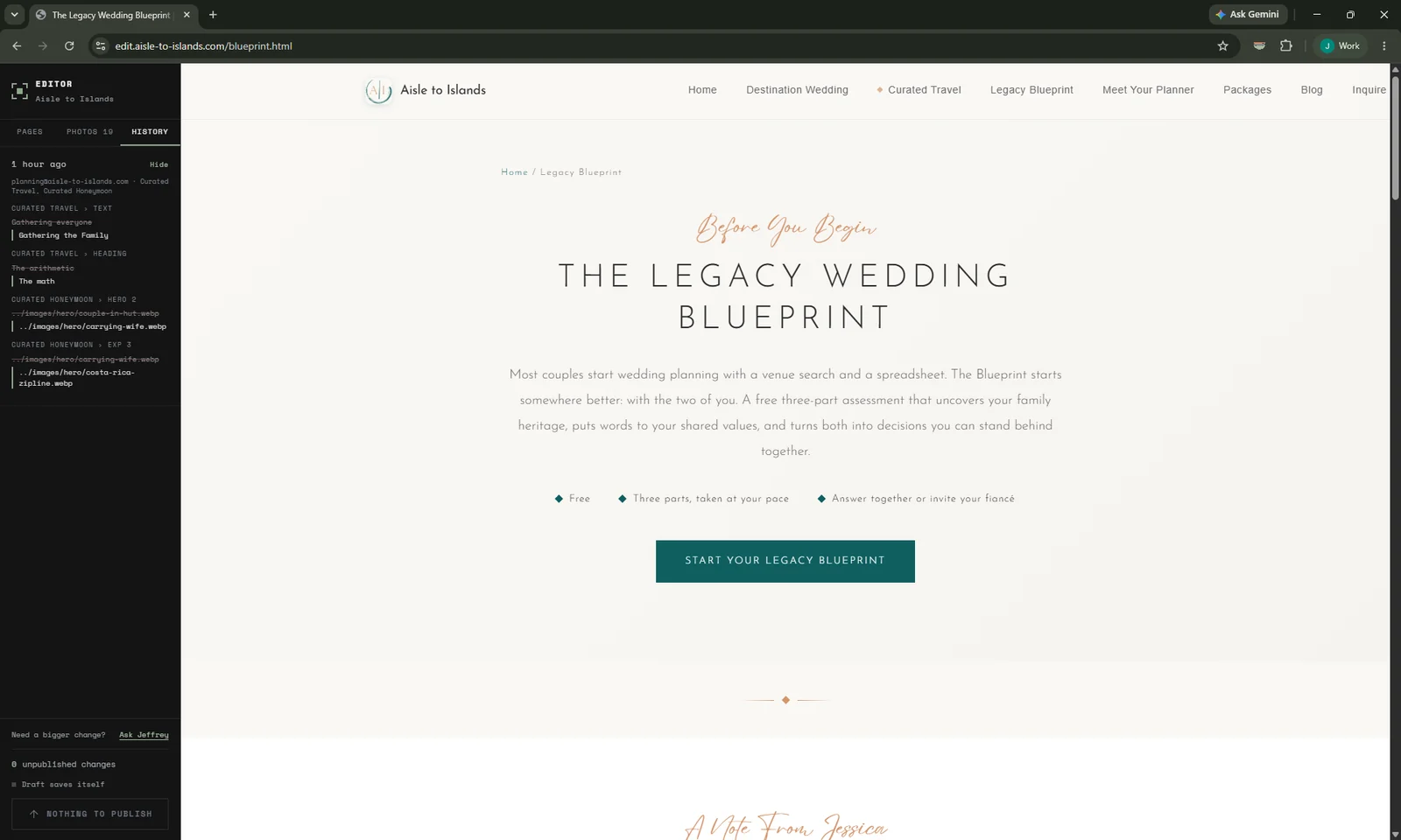 The History tab showing a publish from one hour ago, who made it, and each change within it listed as the old wording struck through above the new wording.