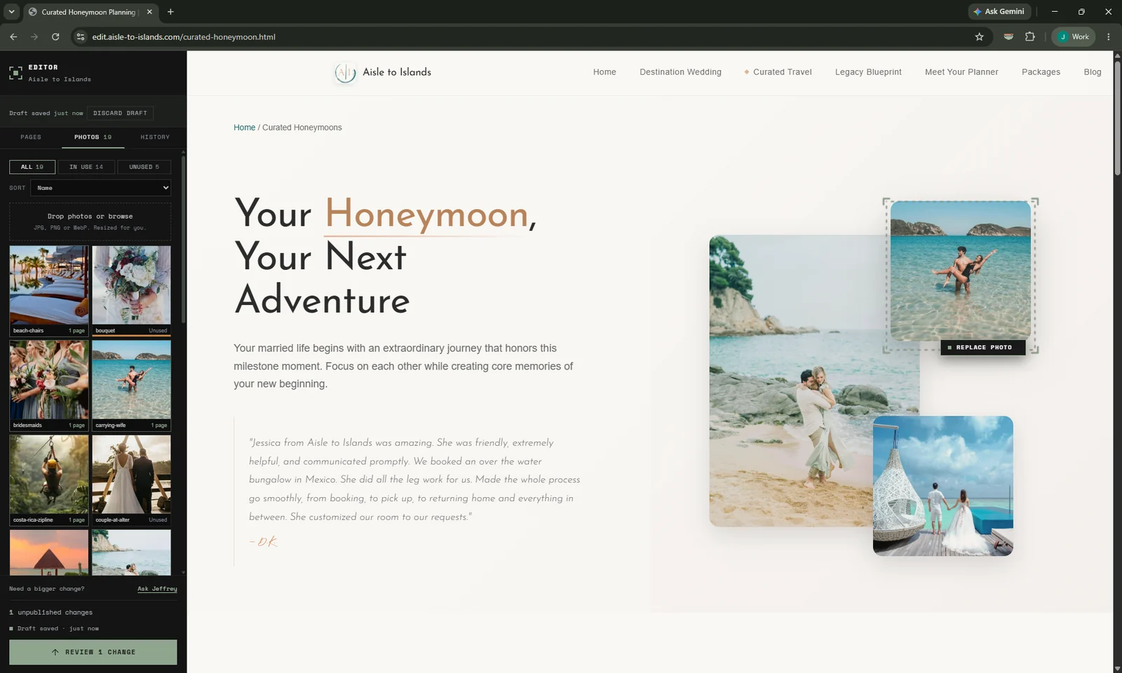 The Photos tab open in the panel, showing filters for all, in use and unused photos, a drop area for new uploads, and a grid of thumbnails each labelled with how many pages use it. On the page beside it, a photo is selected with a Replace Photo button over it.