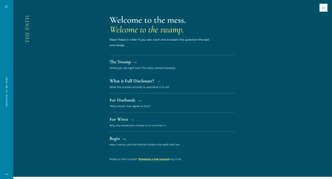 A Created to Be Free interior page on the guided path
